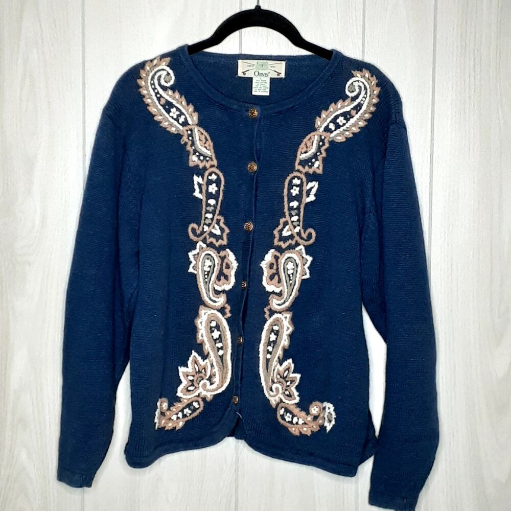 Vintage Ladies Orvis Ramie & Cotton Button Front Sweater Size Large Embroidered